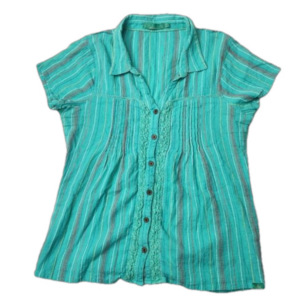 Prana short sleeve button down mint green striped shirt size Small